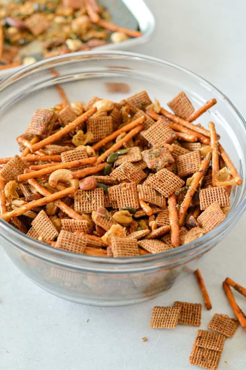 Bowl of savory snack mix.