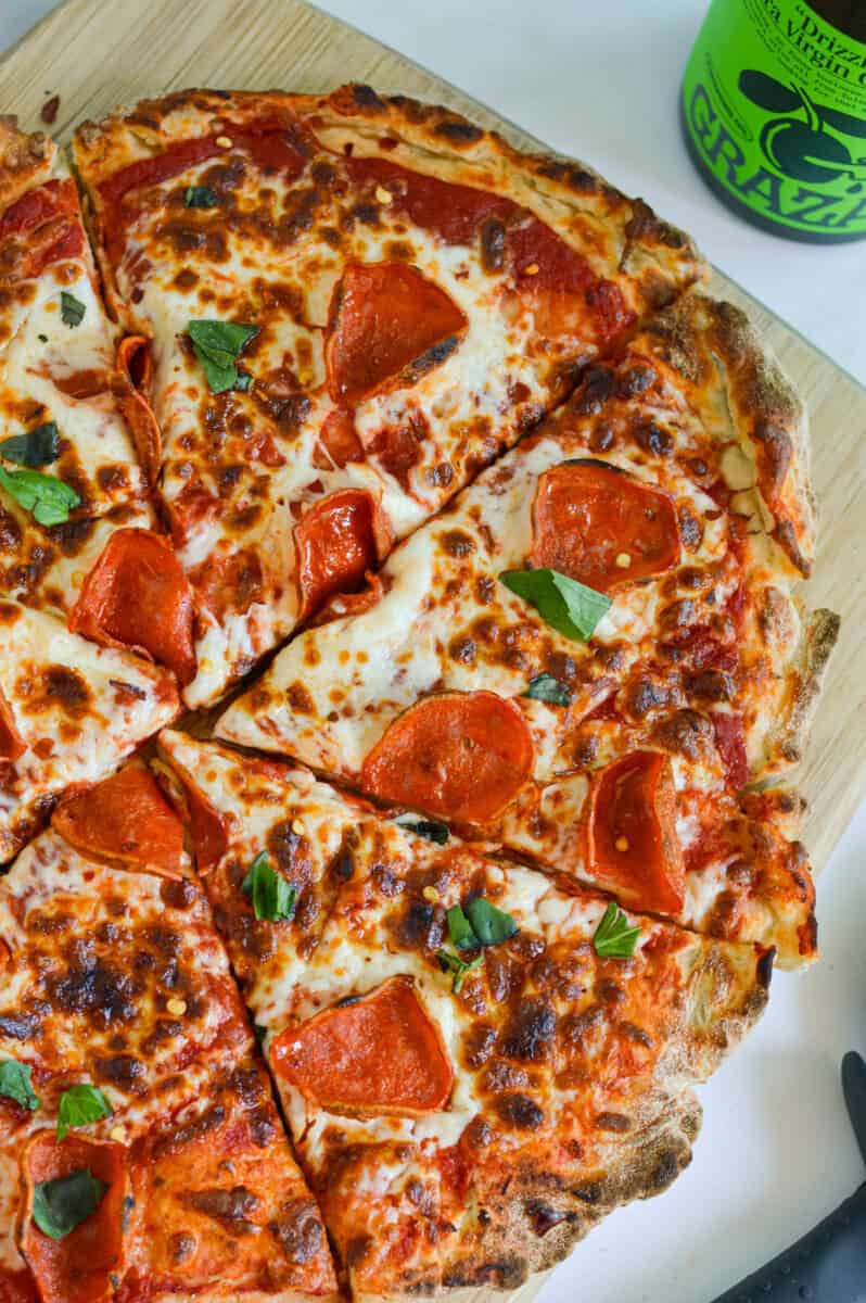 Close up of pepperoni pizza.