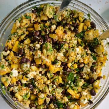 Birds eye bowl of black bean and corn salsa.