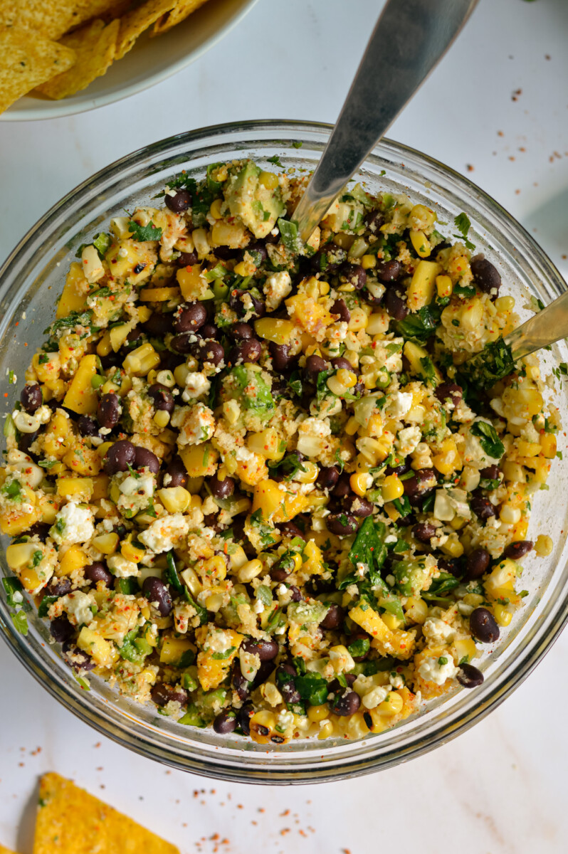 Birds eye bowl of black bean and corn salsa.