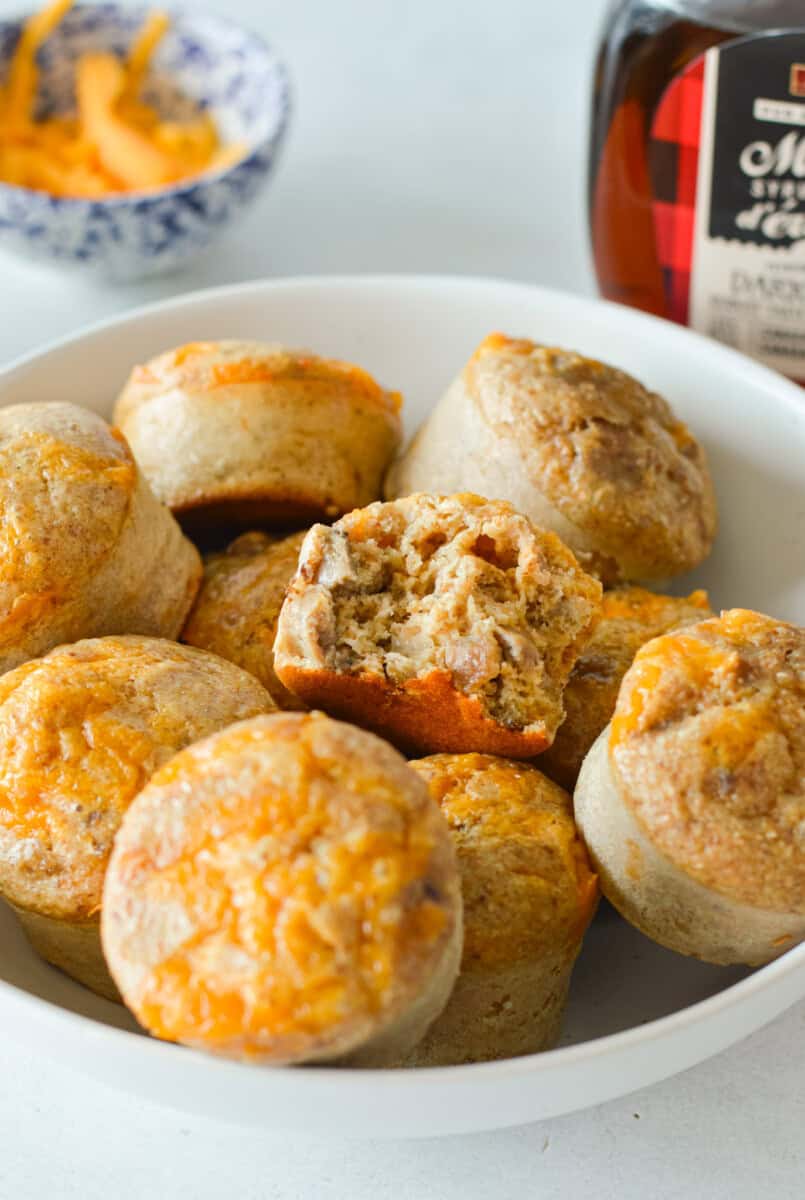 Plate of McGriddle breakfast muffins, with a bite out of one.