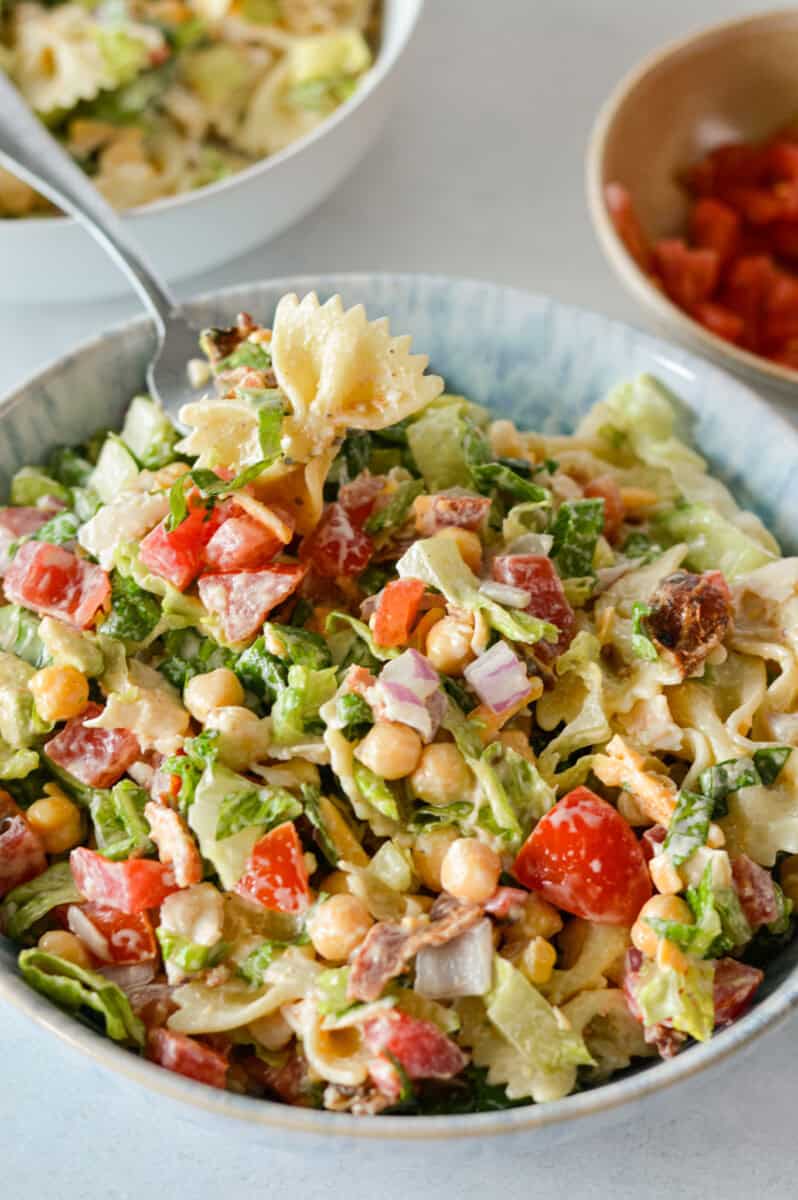 Birds eye bowl of mixed BLT pasta salad.