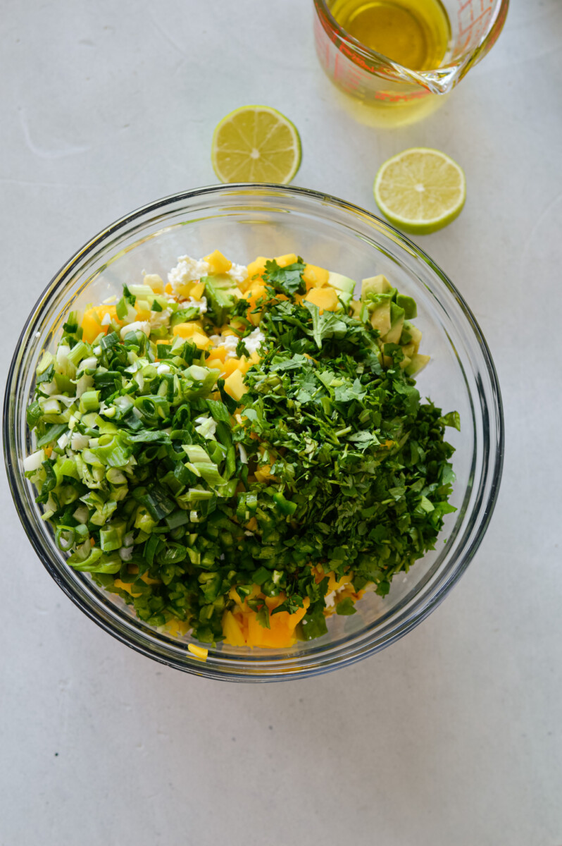 Birds eye bowl of black bean corn salsa.