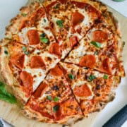 Birds eye of pepperoni pizza with greek yogurt dough.