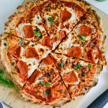 Birds eye of pepperoni pizza with greek yogurt dough.