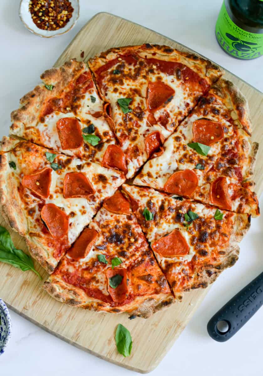 Birds eye of pepperoni pizza with greek yogurt dough.