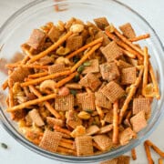 Bowl of savory snack mix.