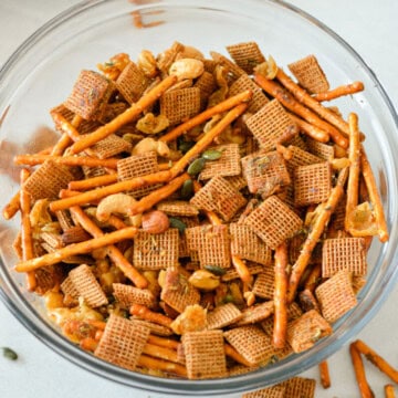 Bowl of savory snack mix.