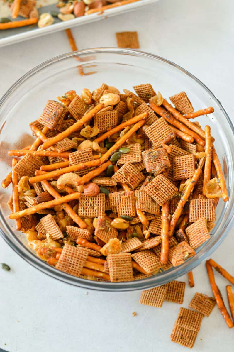 Bowl of savory snack mix.