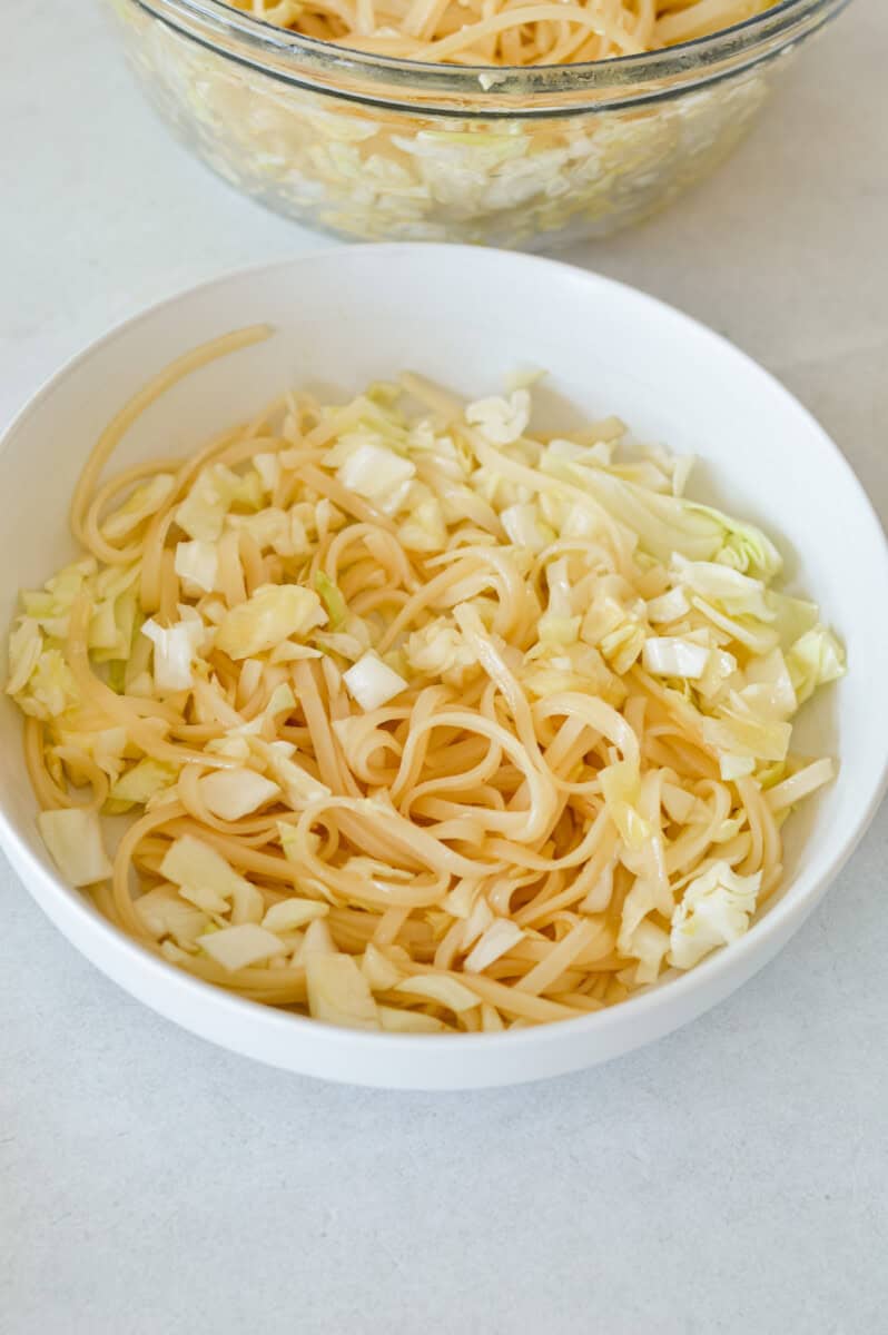 Rice noodles and cabbage tossed wth teriyaki sauce.