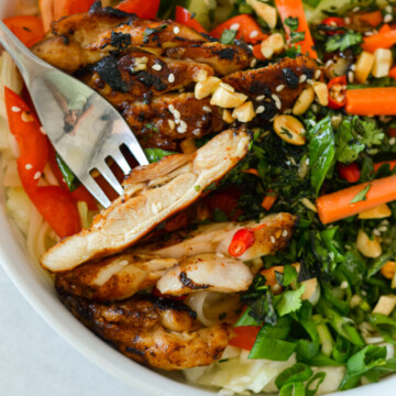 Close up of teriyaki chicken in a spring roll bowl.