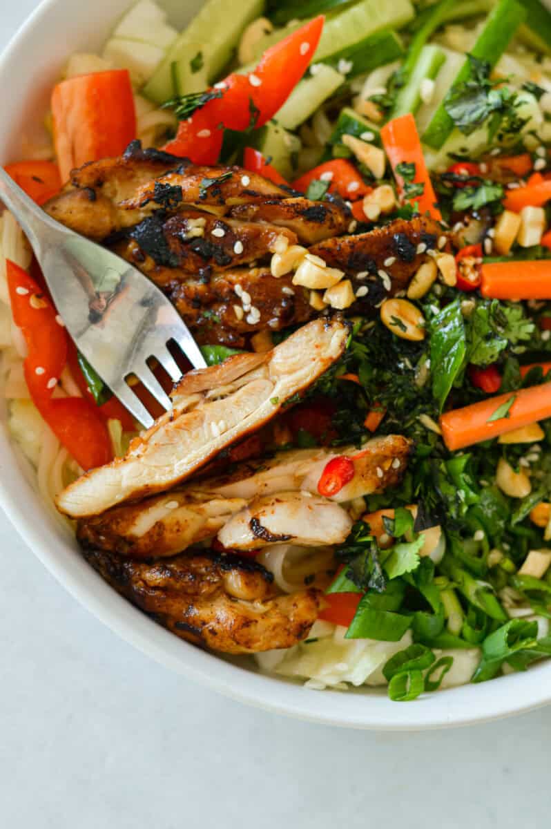 Close up of teriyaki chicken in a spring roll bowl.