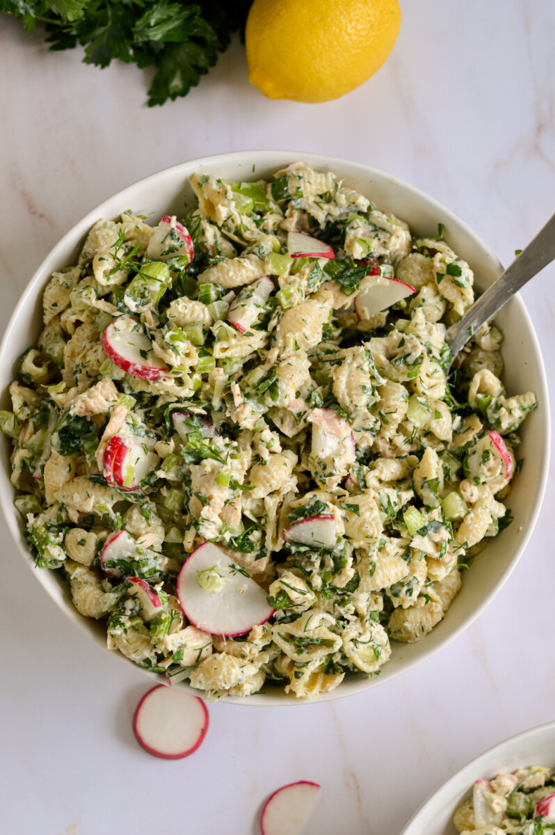 Birds eye of bowl of tuna pasta salad.