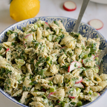 Bowl of tuna pasta salad without mayo.