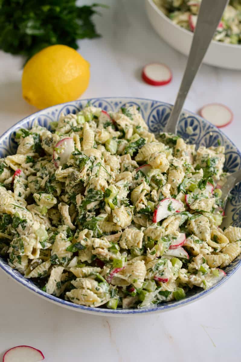 Bowl of tuna pasta salad without mayo.