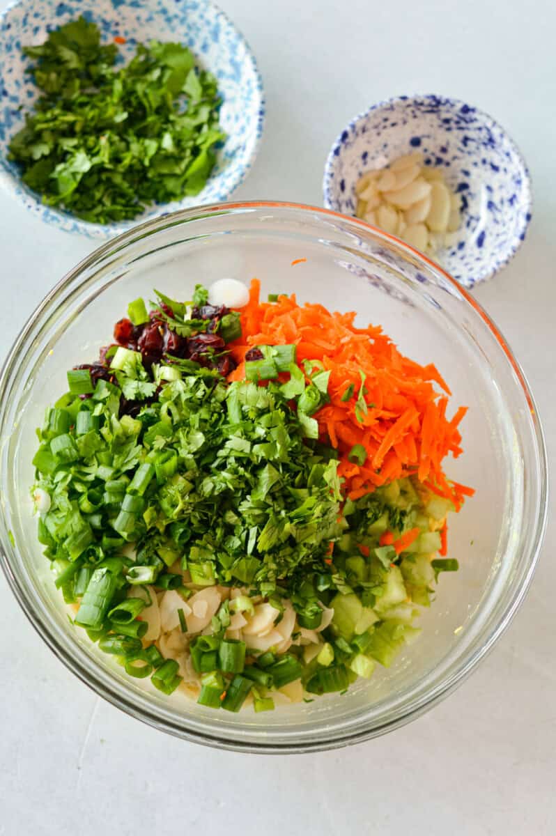 Mixing dried cranberries, cilantro, green onion and carrots to chicken salad.