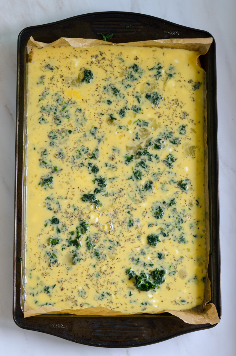 Baking eggs in a sheet pan.