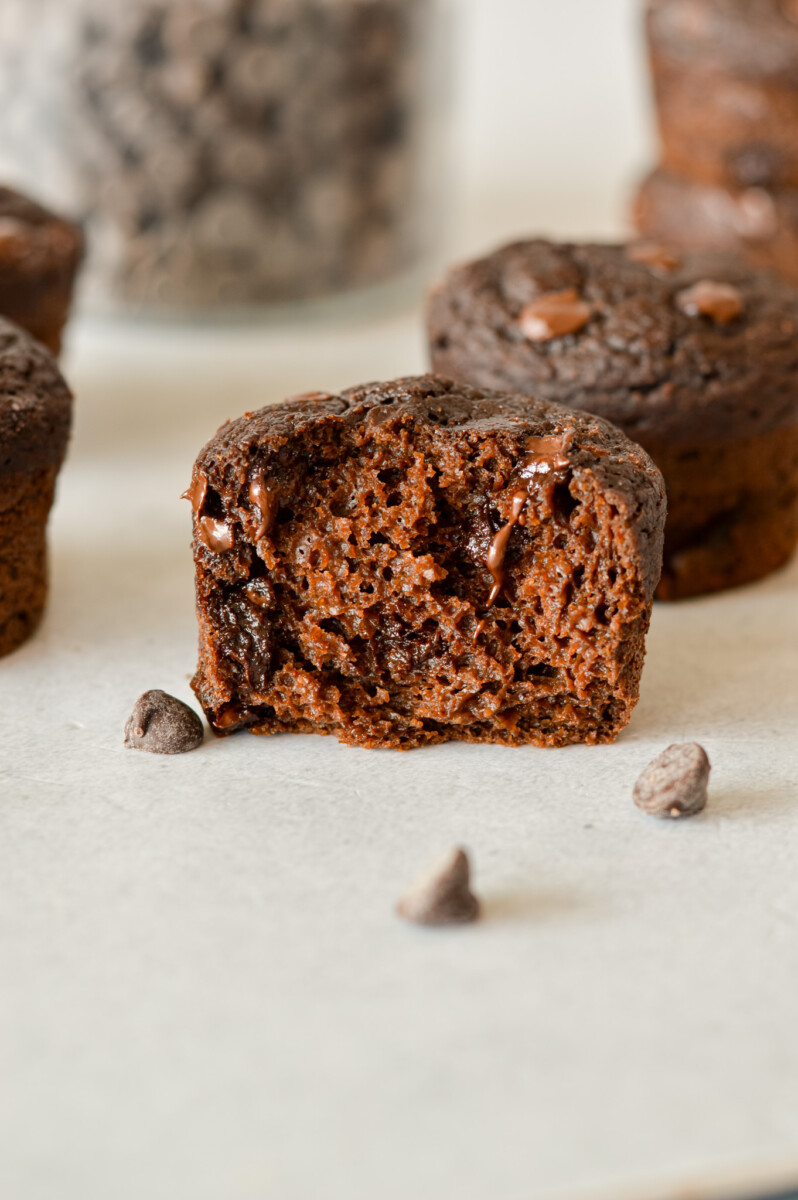 A chocolate and zucchini muffin cut in half.