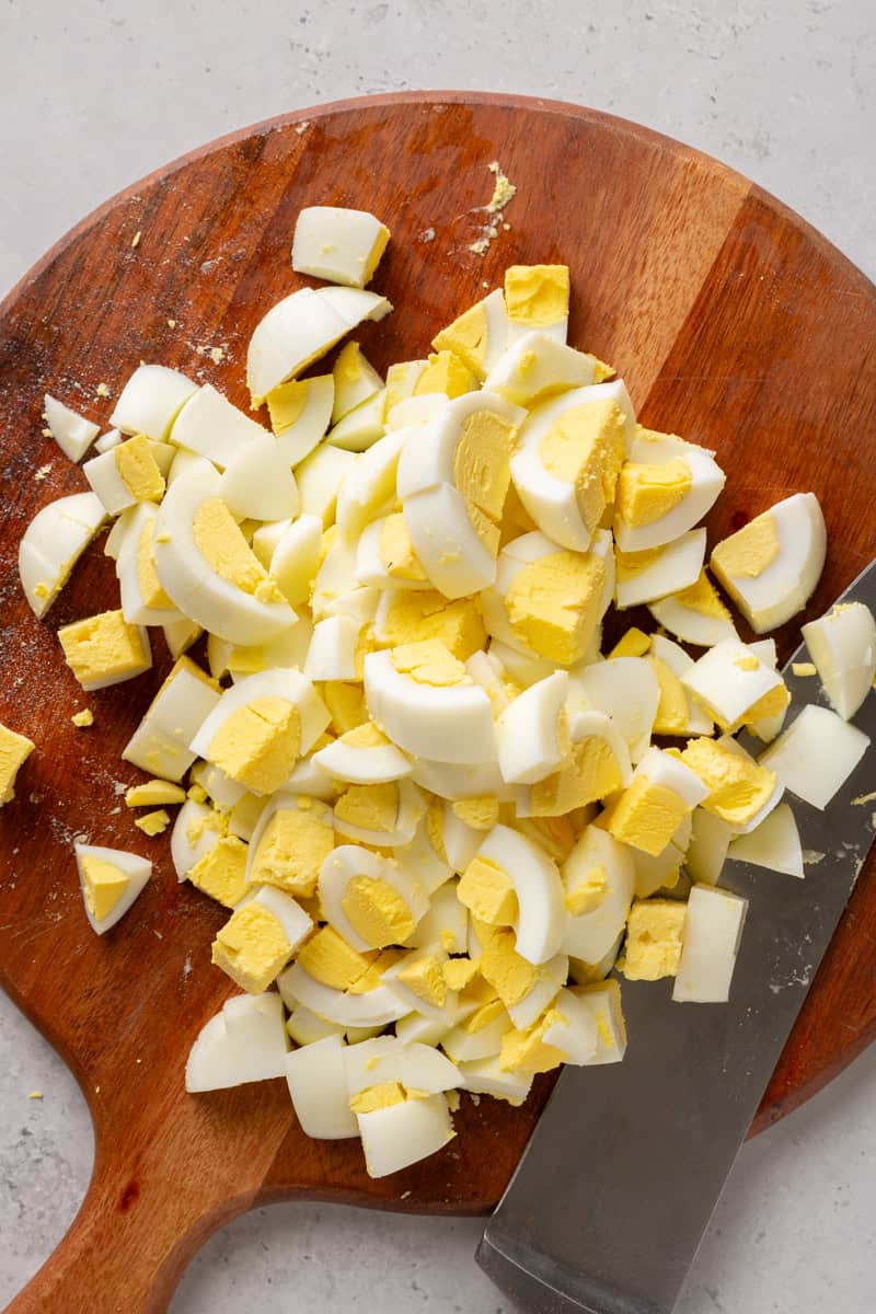 Dicing hard boiled eggs.