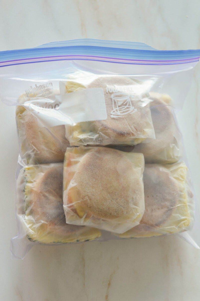 Egg breakfast sandwiches stored in a freezer bag.