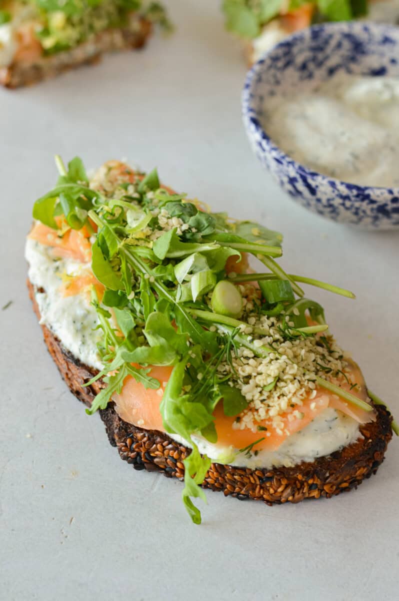 Slice of toast with whipped ricotta cheese.