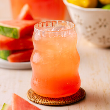 Glass of homemade watermelon electrolyte drink.