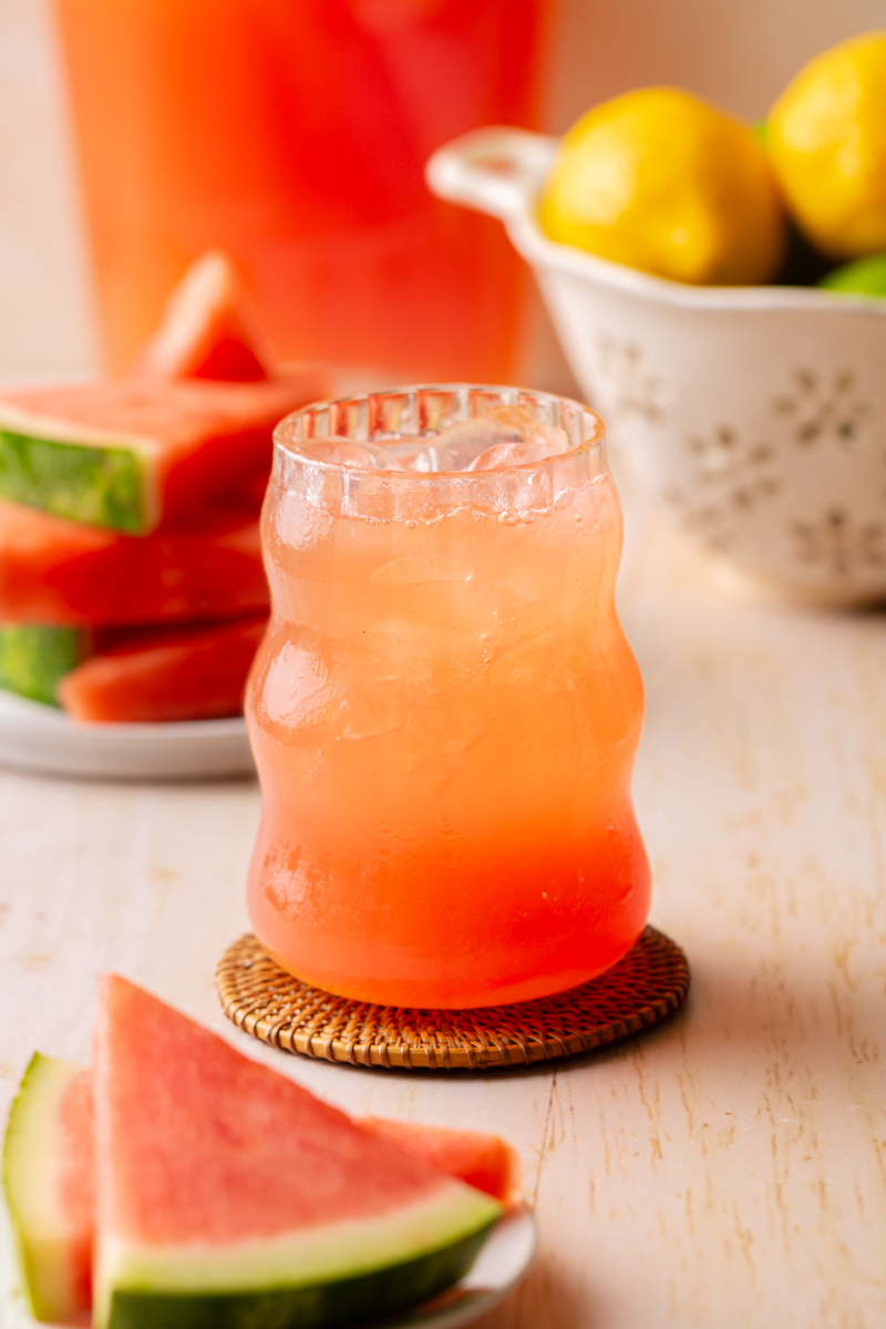 Glass of homemade watermelon electrolyte drink.